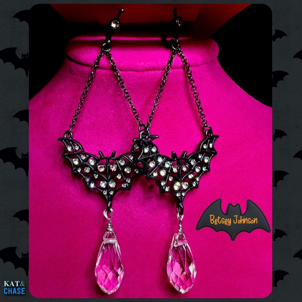 Betsey Johnson Bat Drop Earrings Crystal Dangling Lever Back Black Halloween - Picture 2 of 8